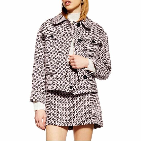 Topshop Dixie Textured Boucle Tweed Jacket Pink Black Size 6 - Picture 1 of 15